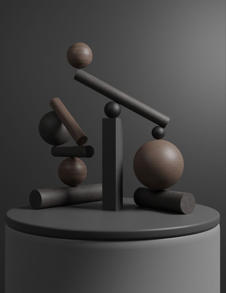 an abstract sculpture made out of wood and metal with three balls on each end, one sitting on top of the other