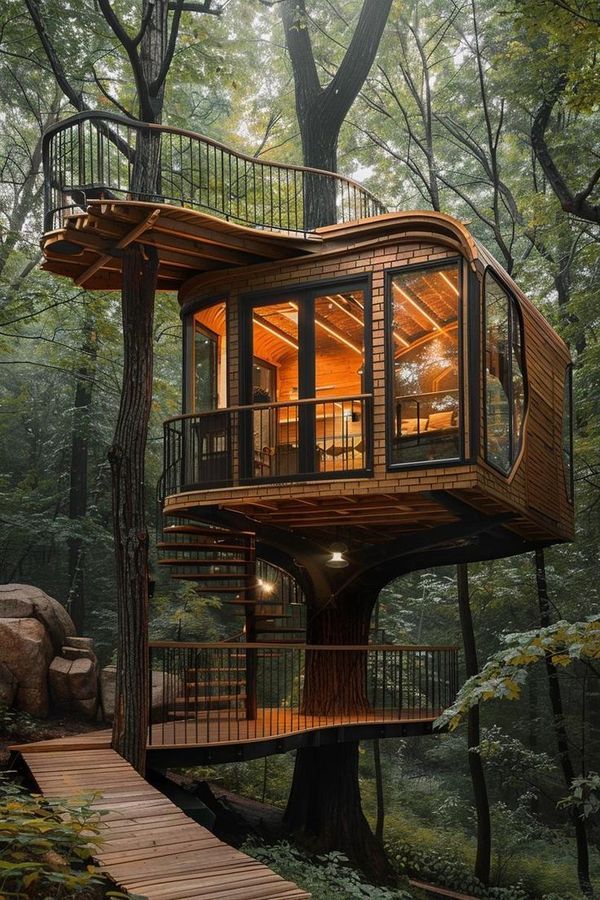 a tree house in the middle of a forest with stairs leading up to it's second floor