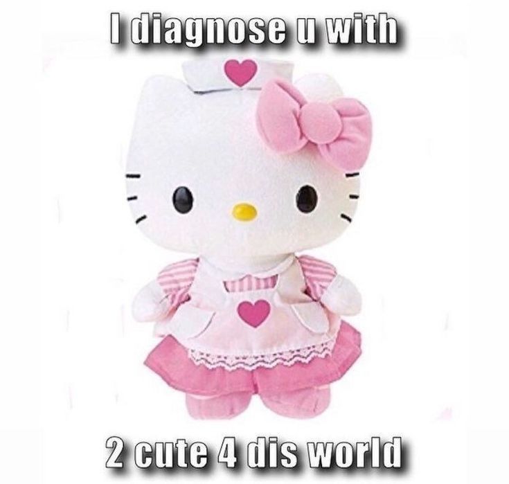 a hello kitty stuffed animal with the caption, i diagnose u with 2 cute 4 this world