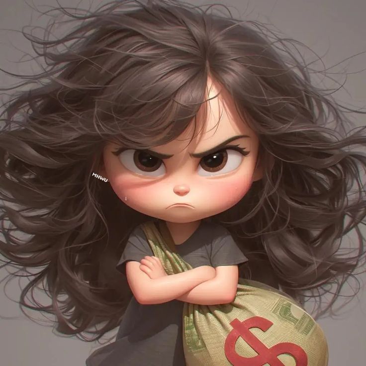 a doll with long dark hair holding a bag in her hands and looking at the camera