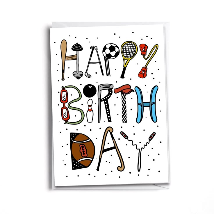 a card with the words happy birthday written in different types of sports related items on it