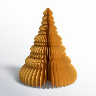 an origami christmas tree made out of folded yellow paper on a white background