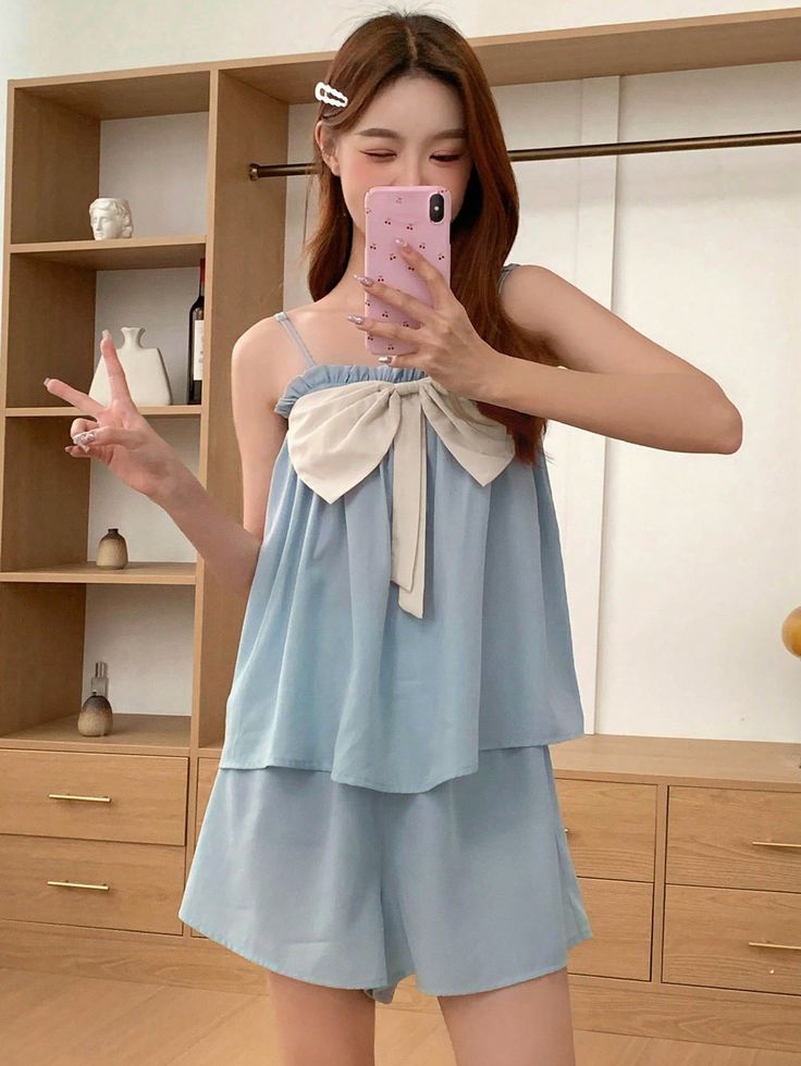 Adorable 3D Bow Decorated Cami Sleepwear Set Baby Blue    Woven Fabric Colorblock,Plain Short Sets Non-Stretch All Women Sleep & Lounge, size features are:Bust: ,Length: ,Sleeve Length: Cute Pjs Korean, Cute Sleeping Outfits, Pastel Pajamas, Aesthetic Sleepwear, Women Pijamas, Sleepwear Ideas, Woman Sleepwear, Sleeping Outfits, Pyjamas Shorts