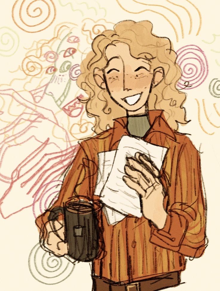 a drawing of a woman holding a coffee mug and paper with swirls on it