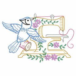 a cross stitch pattern with a bird on a sewing machine and the letter e in it's center