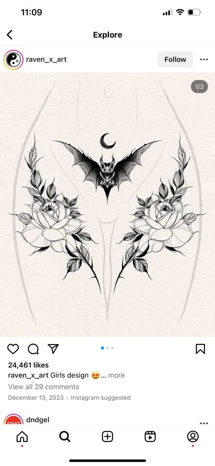 an image of a bat and roses tattoo on someone's twitter page, with the caption below it