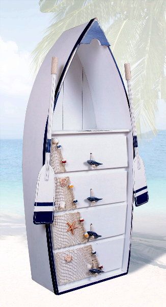 a white surfboard shaped dresser with seashells on the bottom and top drawers