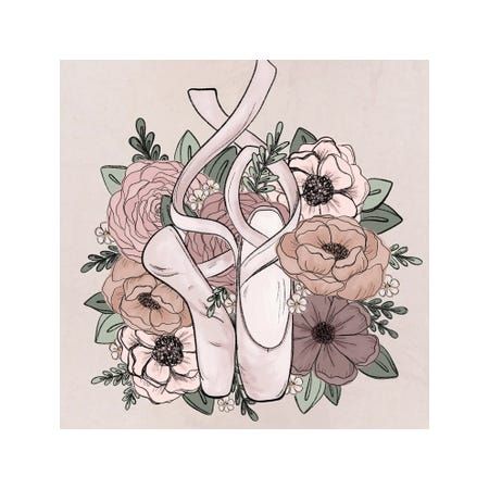 a drawing of a pair of ballet shoes surrounded by flowers