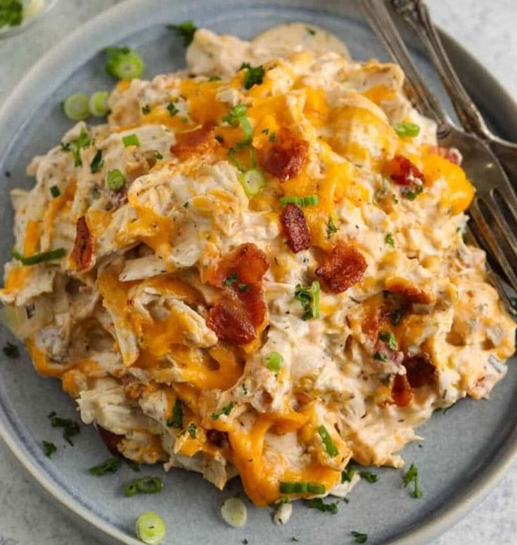 a blue plate topped with chicken and cheese casserole