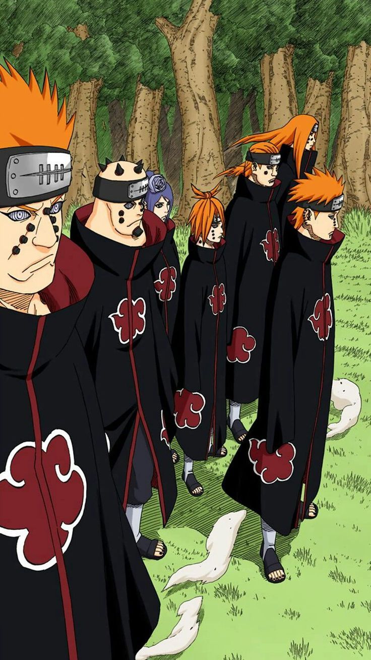 the naruto family is walking through the woods together in their black outfits and orange hair