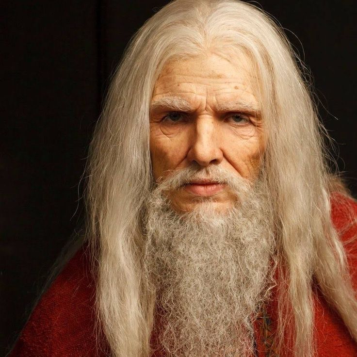 an old man with long white hair and beard wearing a red robe is looking at the camera