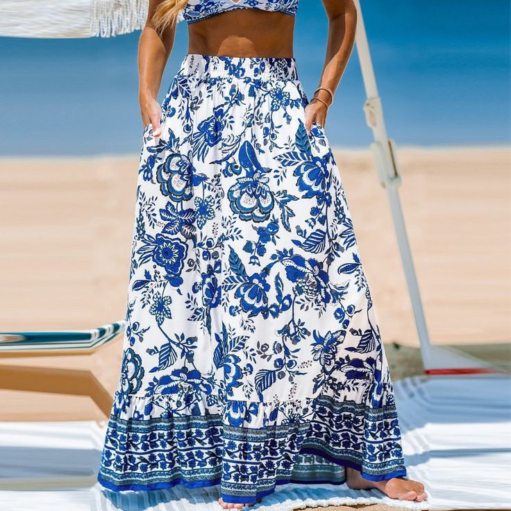 The Blue & White Floral Maxi Skirt offers a beautiful blend of comfort and style. Its flowing design and charming floral pattern make it perfect for any occasion. Whether paired with a simple camisole or a crisp white blouse, this Blue & White Floral Maxi Skirt offers endless styling possibilities. It can be dressed up with strappy sandals and statement jewelry for a chic evening look or kept casual with flat espadrilles and a denim jacket for a laid-back daytime ensemble. Product code: CAA02B4F Picnic Skirt, Crisp White Blouse, Floral Maxi Skirt, Slip Skirt, Womens Tie, Pleated Midi Skirt, Flat Espadrilles, Knitting Women, Bottom Clothes