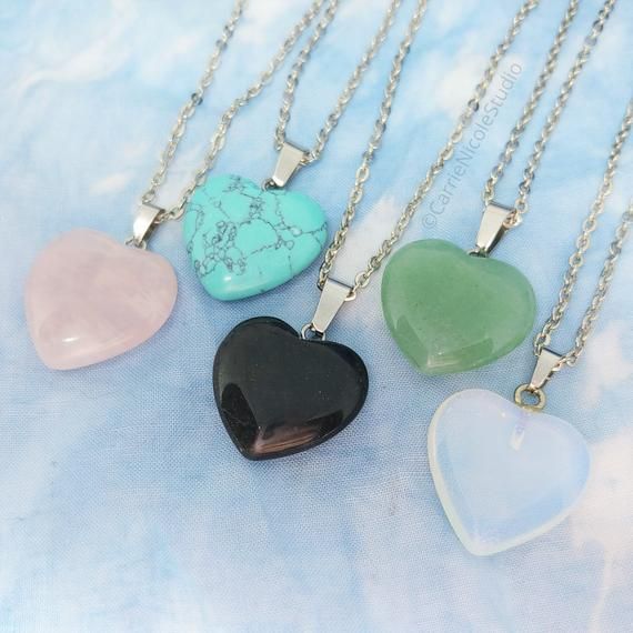 Crystal Love Heart Friendship Necklace / Fairy Kei Jewelry / Kawaii Pastel Goth / Rose Quartz / Opalite / Stainless Steel / Best Friend GiftThese beautiful little crystal heart necklaces are handmade with polished rose quartz, turquoise, black onyx, green aventurine, and opalite stones, which are strung from tarnish-proof 2mm stainless steel cable chain necklaces.  These beauties make perfect gifts for Birthdays, Valentine's Day, and Christmas, especially for lovers of crystals and fairy kei, ka Cute Black Heart-shaped Necklaces, Cute Black Heart-shaped Necklace, Cute Black Heart Necklace, Cute Black Necklace For Valentine's Day, Kawaii Necklaces For Valentine's Day, Kawaii Black Jewelry Gift, Kawaii Style Necklaces For Valentine's Day Gift, Handmade Pink Heart Crystal Necklaces, Handmade Crystal Necklaces For Valentine's Day