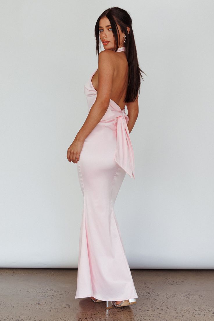 Fifth Avenue Bow Back Maxi Dress Baby Pink Light Pink Formal Square Neckline Dress, Pink Fitted Gowns, Pink Fitted Formal Dress, Long Blush Pink Dresses, Long Pink Dress Formal Accessories, Pastel Pink Dresses Formal, Light Pink Bridesmaid Gowns, Classy Pink Prom Dress, Backless Pink Dress