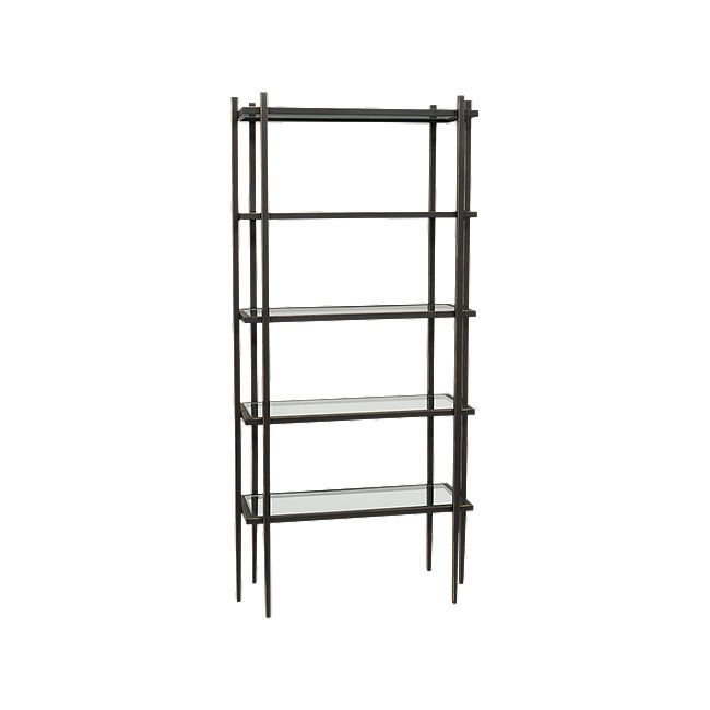 a metal shelf with glass shelves on each side and one shelf below it, against a white background