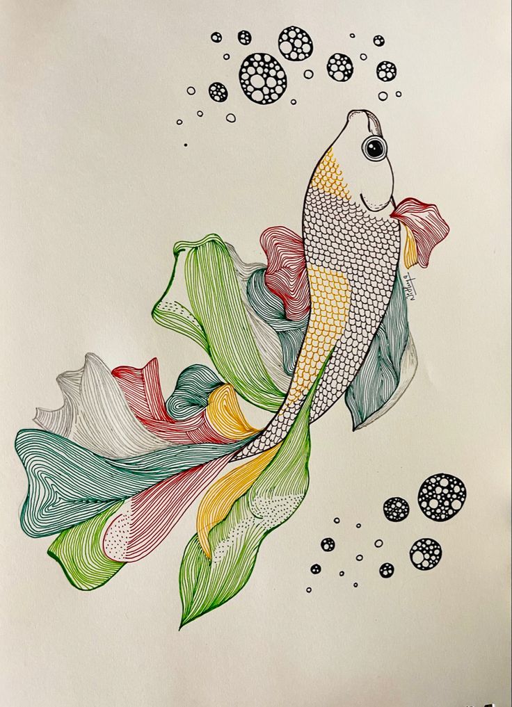 a drawing of a fish with leaves and bubbles