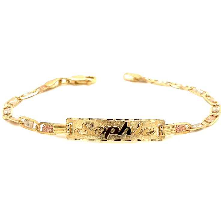 Cherish the Moment with our 14k Yellow Gold Kids and Baby ID Bracelet: Crafted in the timeless Tri-Gold Wide Valentino Link style, this bracelet is a symbol of Elegance and Love. We believe in the power of personalization. Your child's name is expertly cut from solid 14k Gold and elegantly overlaid on the bracelet, creating a one-of-a-kind accessory. Additionally, you have the option to engrave a significant date on the back of the nameplate, transforming this bracelet into a cherished keepsake. Gold Name Bracelet, Customised Bracelets, Id Bracelets, Timeless Gifts, Name Bracelet, Chain Link Bracelet, Kid Names, Beautiful Bracelet, Favorite Jewelry