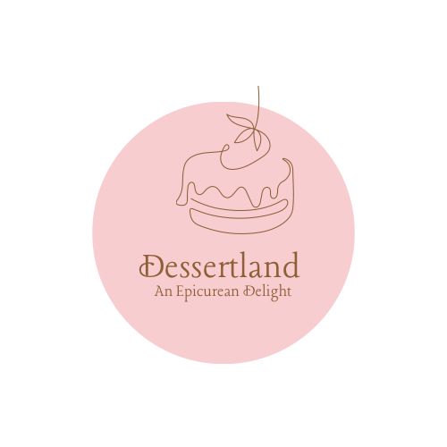 the logo for dessertland an epurean delight, with a cake on top