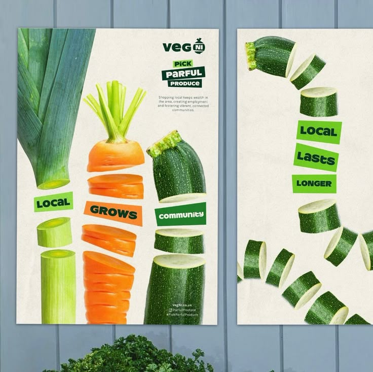 two posters with carrots, celery and broccoli on the wall