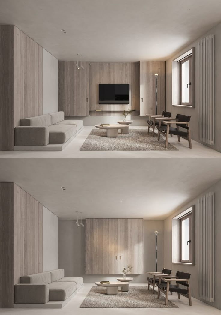 two photographs of a living room with couches, tables and a flat screen tv