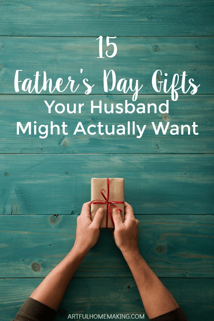 a person holding a present box with the text 15 father's day gifts your husband might actually want