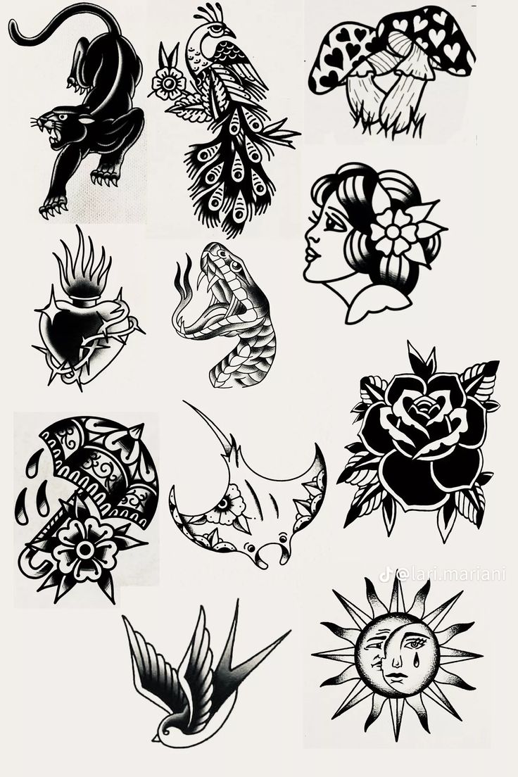 an assortment of tattoo designs on white paper