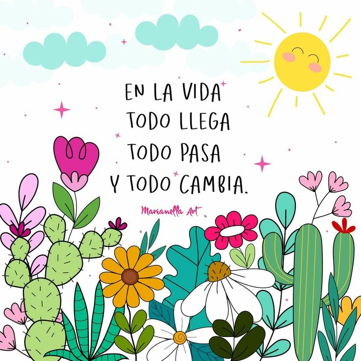 the words in spanish are surrounded by colorful flowers and cacti on a white background