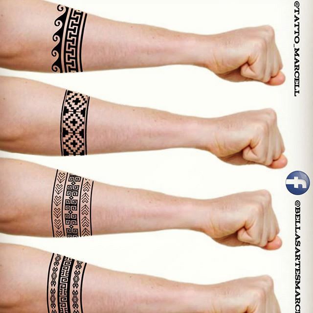 three different types of temporary tattoos on both arm and wrist, one with an ornament design