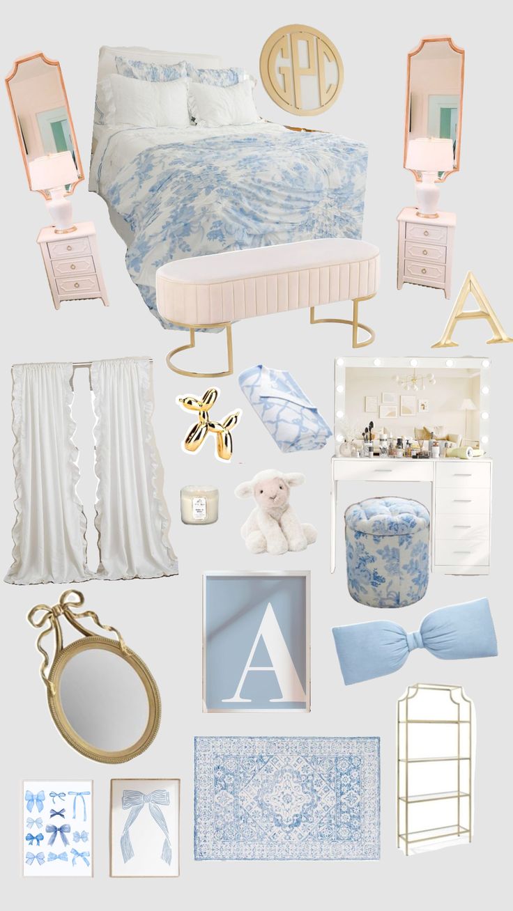 a collage of blue and white items including a bed, chair, mirror, lamp, rug, wall hangings