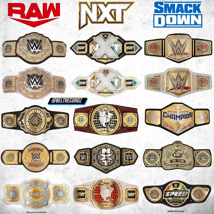 many different wrestling belts with logos on them