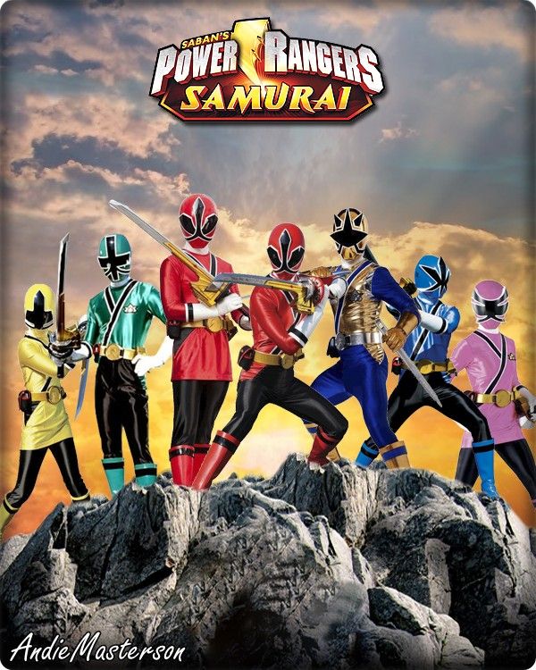 the power rangers samurais are standing on top of a mountain with swords in their hands