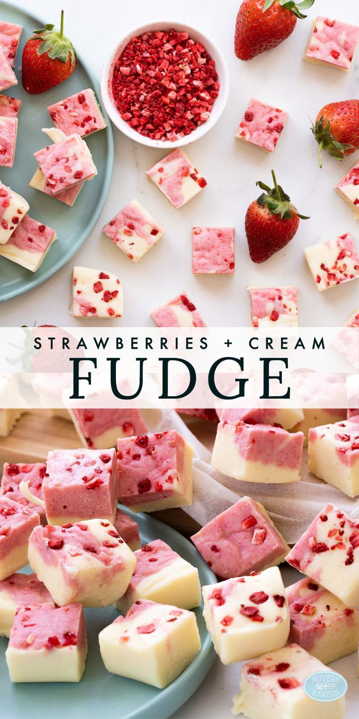 A collection of strawberries and cream fudge Pink Parfait Desserts, Summer Sweets Desserts, Fruity Baking Recipes, Strawberry And Cream Recipes, Summer Fudge Recipes, Summer Baking Recipes Desserts, Rare Desserts, Cake Flavour Combinations, Summer Treats Desserts