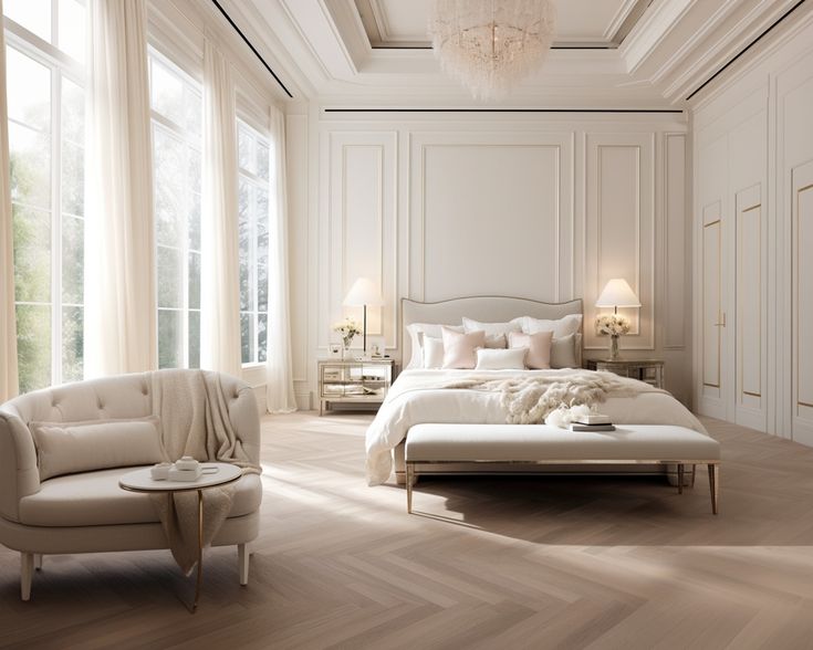 a bedroom with white walls and wood floors is pictured in this image, there are two chairs on either side of the bed