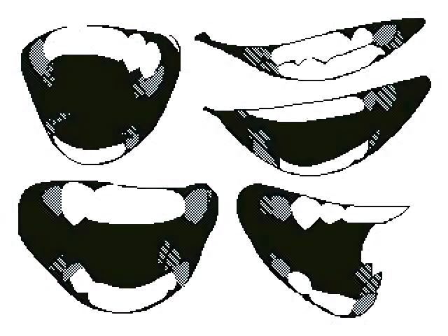 four different types of mouth shapes with black and white lines on the upper half of them