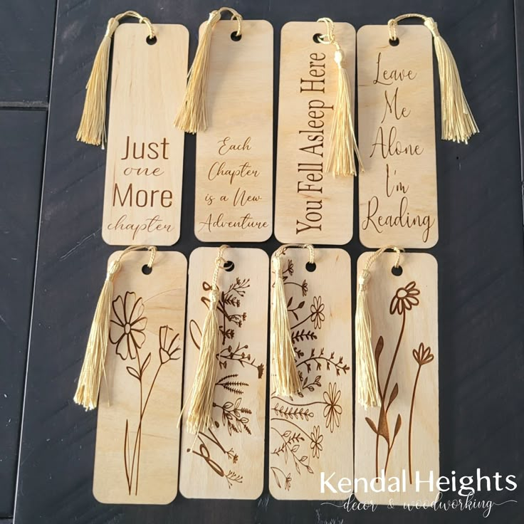 six wooden tags with words and flowers on them