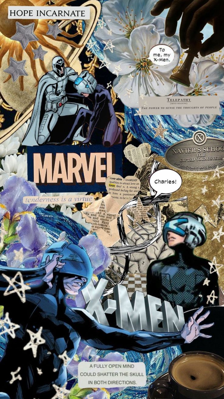 a collage of comic characters surrounded by flowers and other things that are in the background