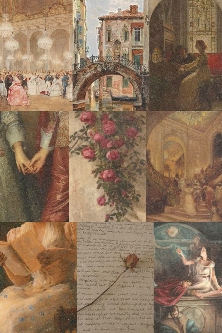 a collage of paintings with people and flowers