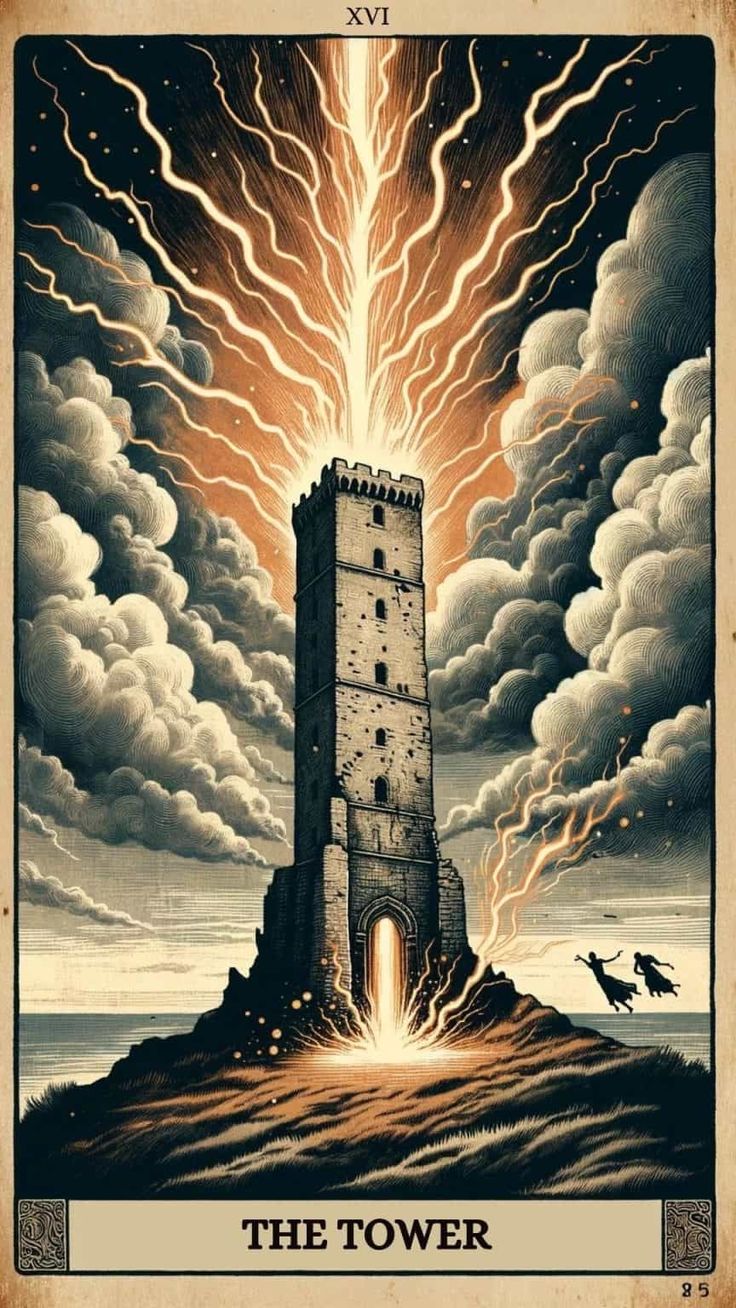 the tower is surrounded by lightnings and thunder clouds, as if it were from an old book