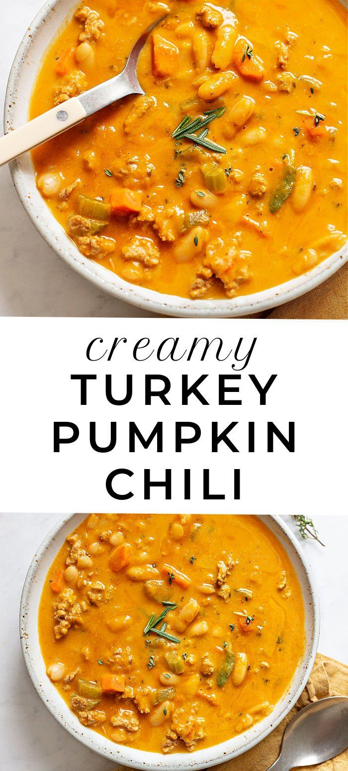 two bowls of creamy turkey and pumpkin chili on top of each other with spoons