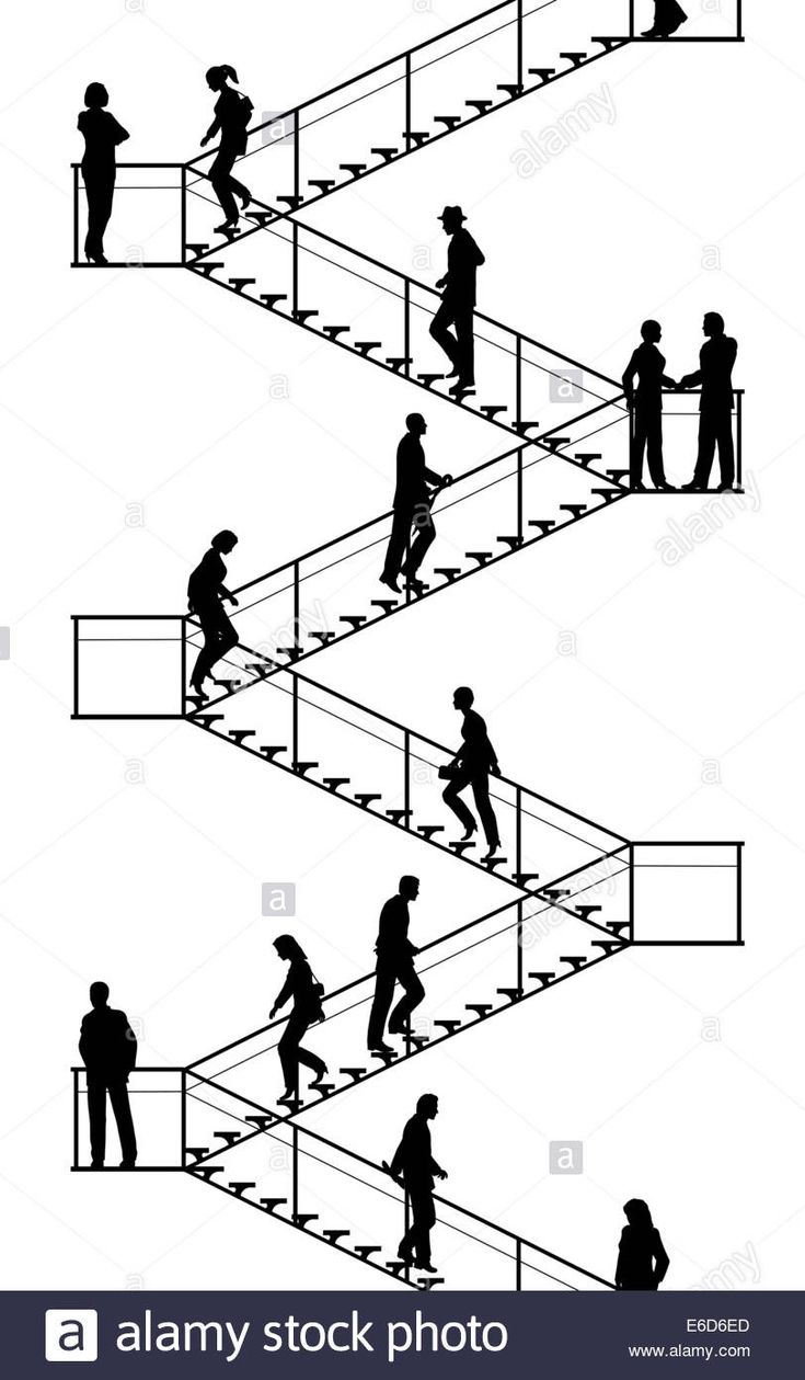 silhouettes of people walking up and down stairs with handrails to the top