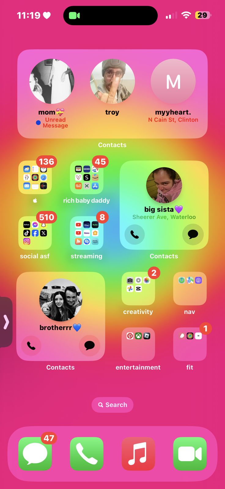 an iphone screen with different icons and colors on the bottom right corner, including two people's faces