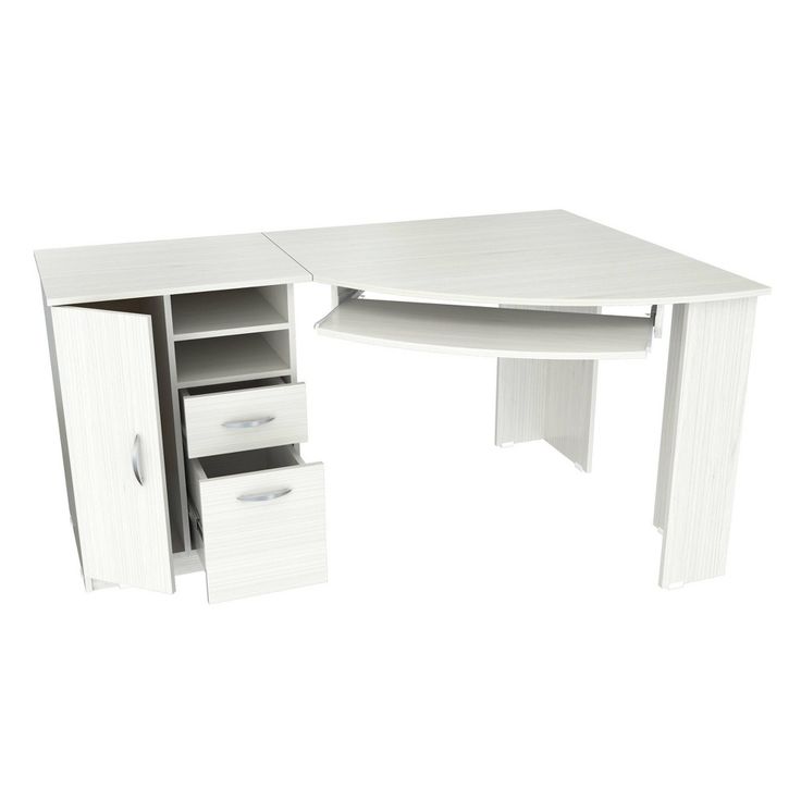 a white desk with two drawers and a shelf on the bottom one drawer is open