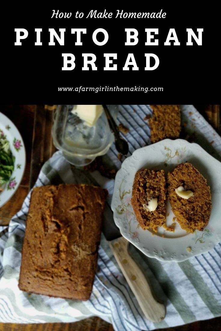 homemade pinto bean bread on a white plate with two slices cut out and the title overlay reads how to make homemade pinto bean bread