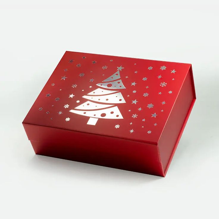 a red box with a christmas tree on it