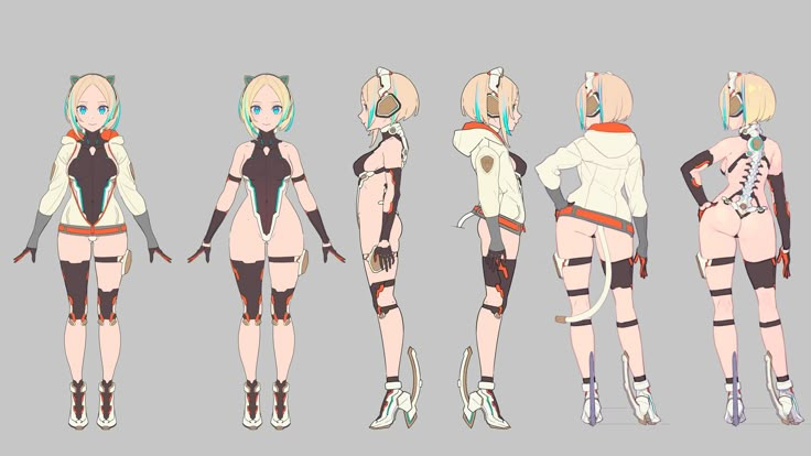 some character designs for an animated video game, with different poses and hair styles on them