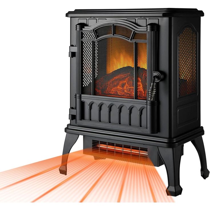 a black stove with an orange flame coming out of it's door and on the floor