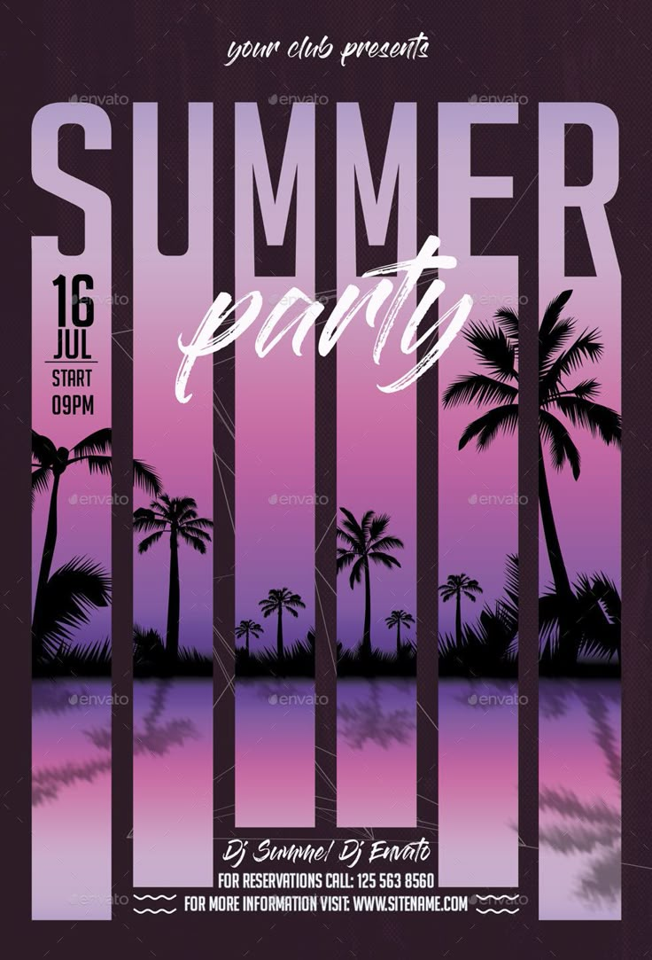 a flyer for a summer party with palm trees and the sun setting in the background