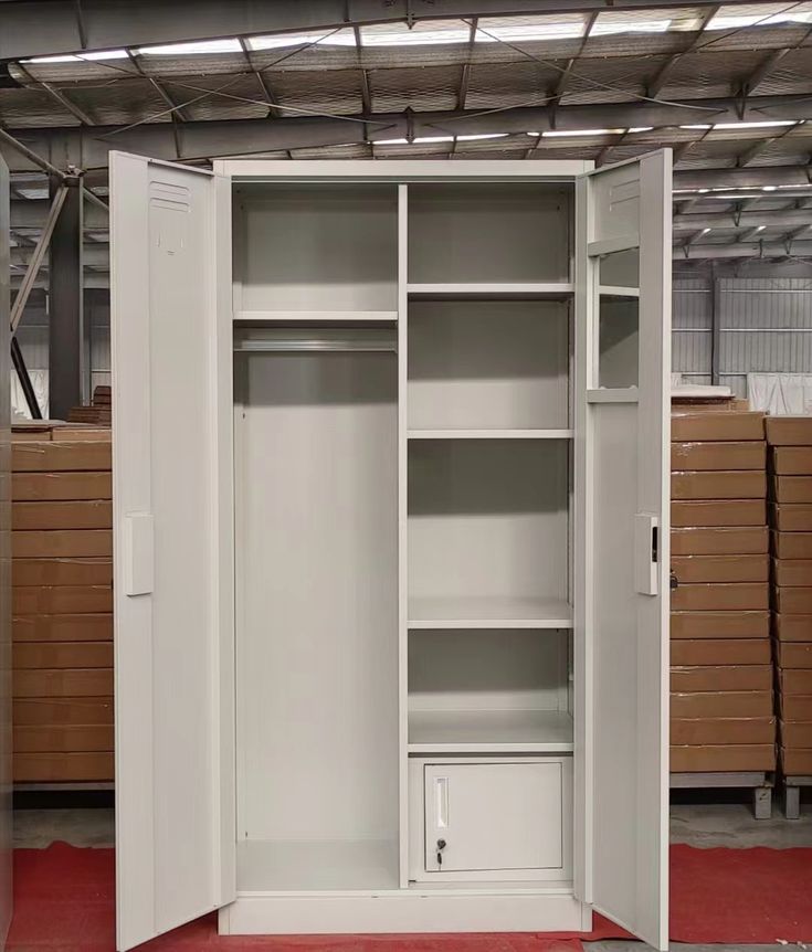 an empty storage cabinet in a warehouse