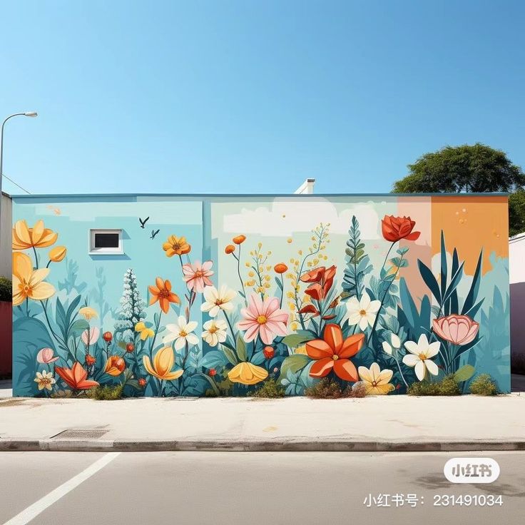 a painted mural on the side of a building with flowers and birds flying over it