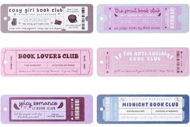 four book lovers club tickets are shown in pink, blue and purple colors with the words books love's club written on them